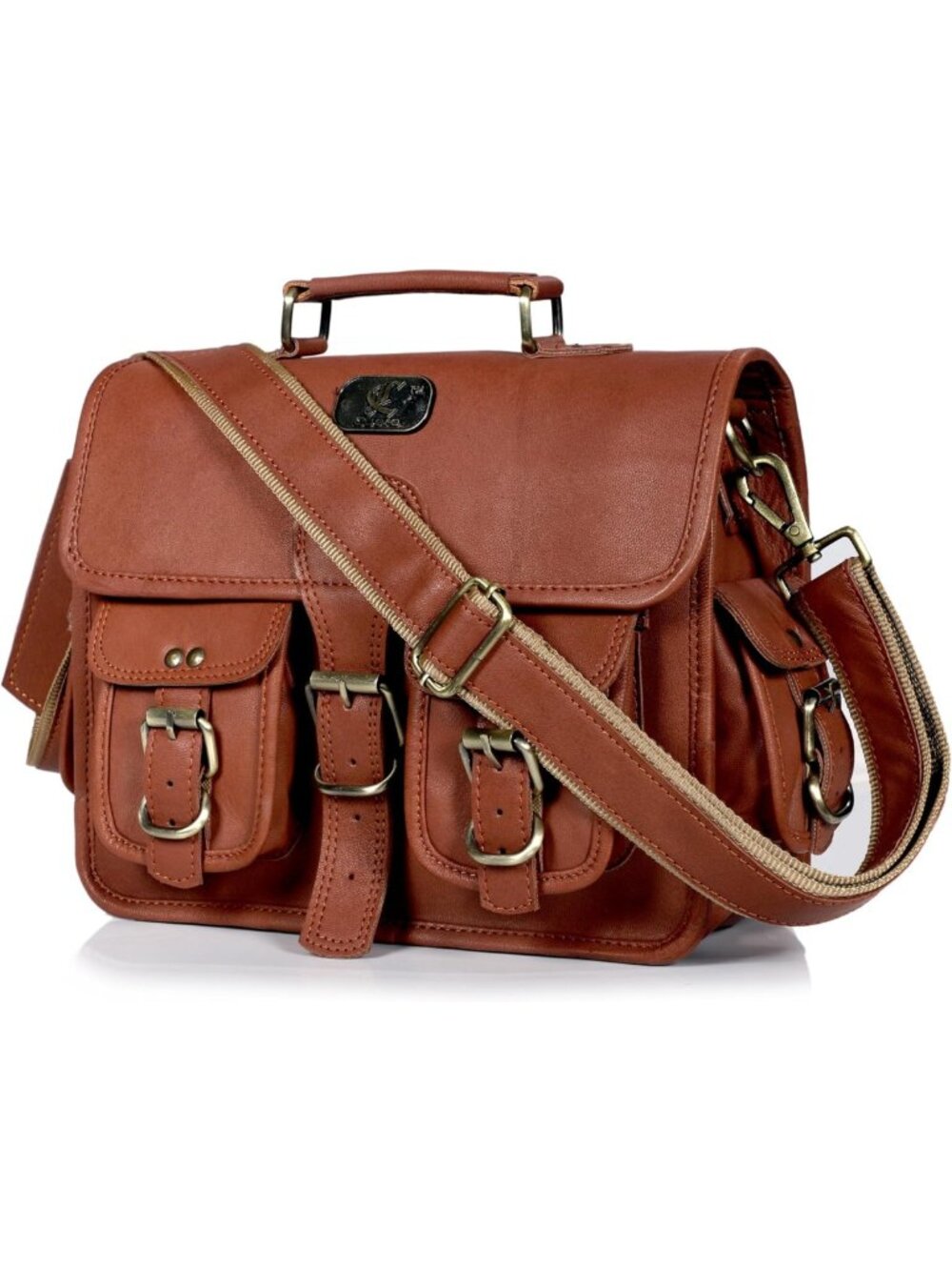Vintage Leather Messenger Bag for 12" Laptop, Unisex Crossbody Satchel, Full